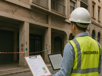 Engineer rapidly assessing seismic vulnerability of a reinforced concrete building with visible cracks and