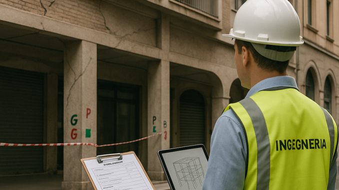 Engineer rapidly assessing seismic vulnerability of a reinforced concrete building with visible cracks and