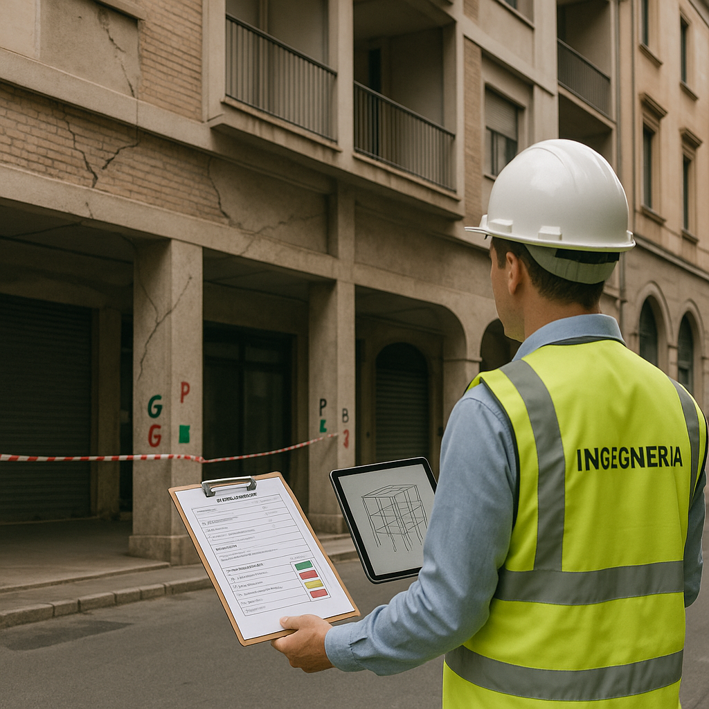 Engineer rapidly assessing seismic vulnerability of a reinforced concrete building with visible cracks and